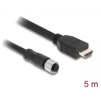 Kabelis DELOCK M12 A-koduotas 17 kontaktų moteriškas prie HDMI vyriško 5 m juodas