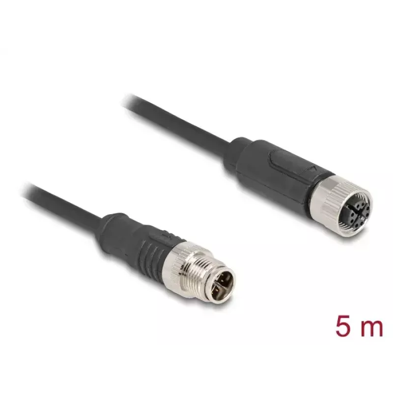 Tinklo kabelis DeLOCK M12 X-coded 8 kontaktų vyriškas į moterišką Cat5e 5 m juodas