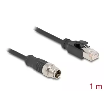 Tinklo kabelis DeLOCK M12 X-coded 8 kontaktų kištukas į RJ45 kištuką Cat5e 1 m juodas