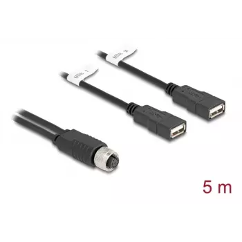 DeLOCK jutiklio/vykdomojo įtaiso kabelis 5 m M12 2 x USB-A juoda 60652