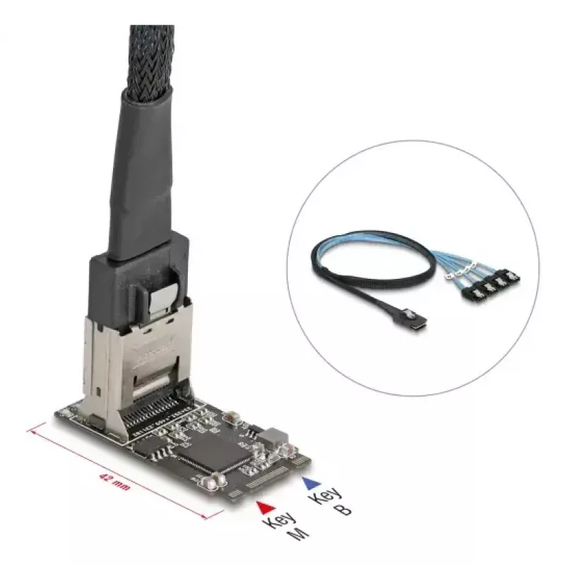 DELOCK 64260 vidinė M.2 į Mini-SAS adapterio kortelė, JMicron JMB585, juoda, su LED