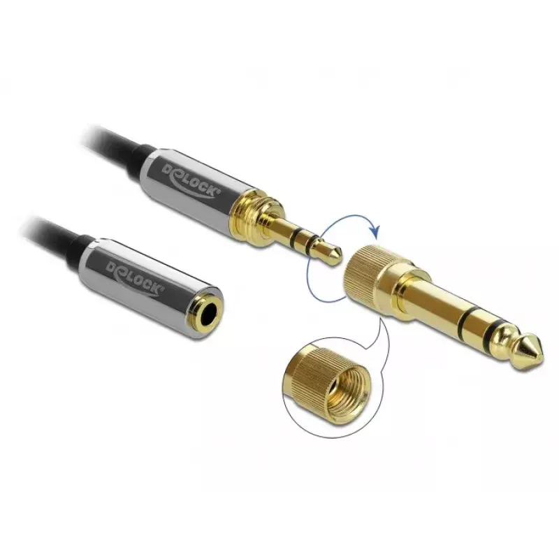 Garso ilginimo laidas DELOCK 85834 – 3,5 mm kištukas į 3,5 mm lizdą, paauksuoti kontaktai, 5 m, juodas