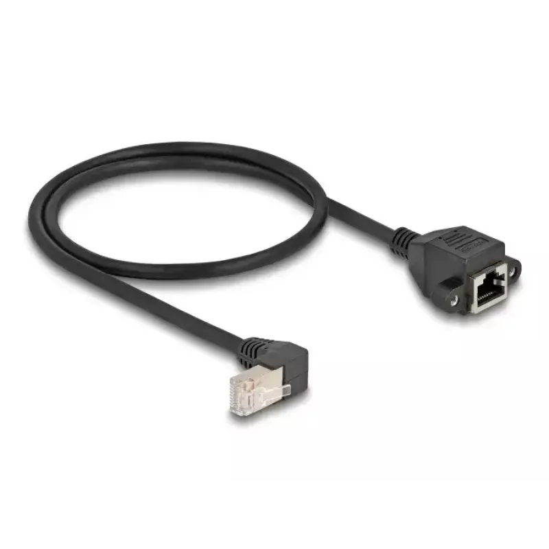 DeLOCK tinklo ilginimo laidas S/FTP RJ45 90° kampu į RJ45 Cat.6A 0,5 m juodas