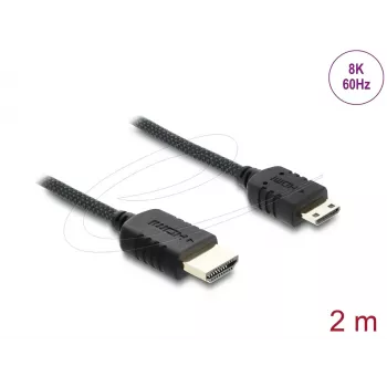 HDMI kabelis DELOCK 81688 — 2 m, HDMI A tipo (vyriškas) į HDMI C tipo (Mini, vyriškas), 48 Gbit/s, iki 7680×4320, auksuoti kontaktai, juodas