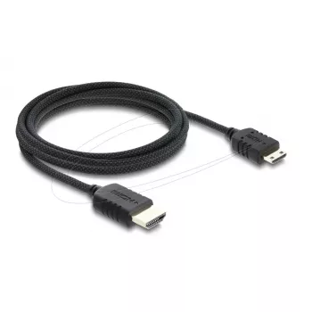 HDMI kabelis DELOCK 81688 — 2 m, HDMI A tipo (vyriškas) į HDMI C tipo (Mini, vyriškas), 48 Gbit/s, iki 7680×4320, auksuoti kontaktai, juodas