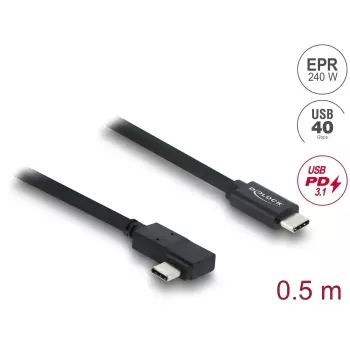 DELOCK koaksialinis USB4 Gen 3x2 kabelis su kampu į kairę/dešinę USB-C į USB-C 40 Gbps USB PD 3.1 240 W 0,5 m