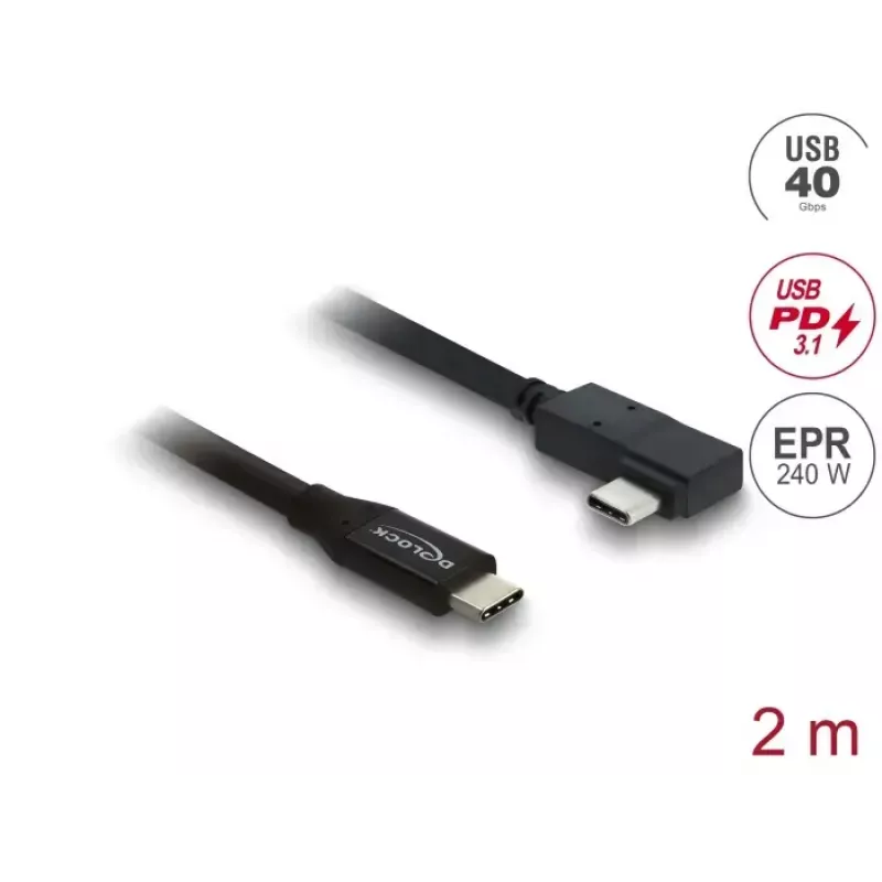 Kabelis DELOCK Coaxial USB4 Gen 3x2 40 Gbps USB-C į USB-C kampuotas kairėn/dešinėn PD 3.1 240W 2 m