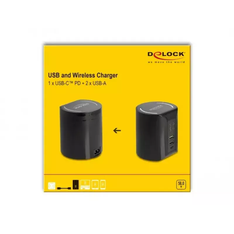 DeLOCK USB ir belaidis įkroviklis 1 x USB Type-C PD + 2 x USB Type-A 58 W