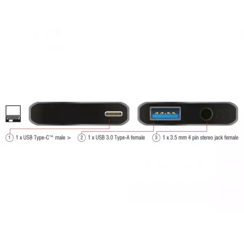 DeLOCK 63965 USB-C garso adapteris su 3,5 mm lizdu ir USB-A, antracitinis
