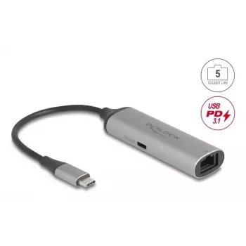 DELOCK 81591 USB Type-C šakotuvas su RJ-45 2.5/5 Gbps Ethernet ir USB Type-C Power Delivery 140W, aliuminis, antracito/juodos spalvos