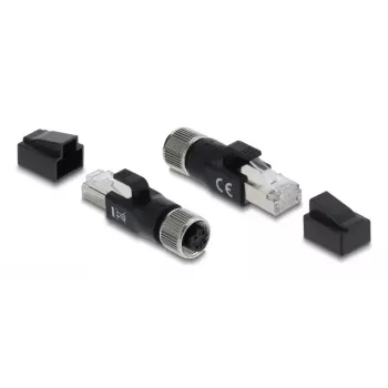 DELOCK M12 D-koduotas adapteris 4 kontaktų moteriškas į RJ45 kištuką, auksuoti kontaktai, juodas