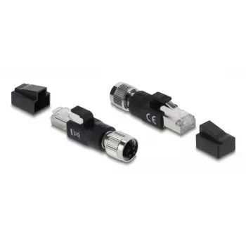 Adapteris M12 X-coded 8 kontaktų moteriškas į RJ45 kištuką, DELOCK 90834, auksuoti kontaktai, juodas