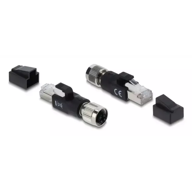 Adapteris M12 X-coded 8 kontaktų moteriškas į RJ45 kištuką, DELOCK 90834, auksuoti kontaktai, juodas