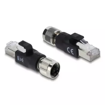 Adapteris M12 X-coded 8 kontaktų moteriškas į RJ45 kištuką, DELOCK 90834, auksuoti kontaktai, juodas