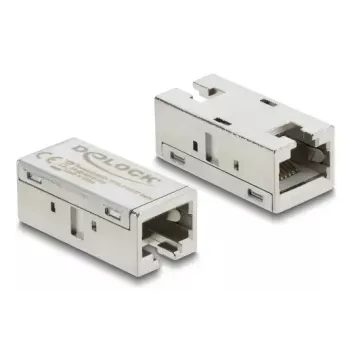 DELOCK adapteris RJ45 lizdas-lizdas Cat.6A metalinis, plokščias, sidabrinis, 15,6×33,1×13,1 mm