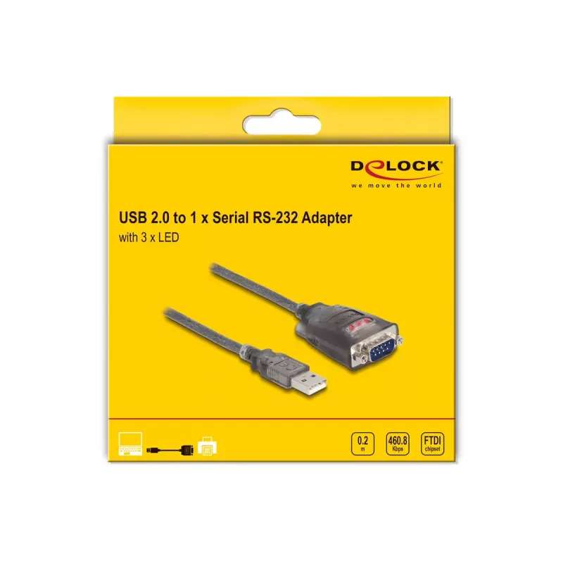 DeLOCK adapteris USB 2.0 Type-A į RS-232 D-Sub 9 kontaktų kištuką 0,2 m