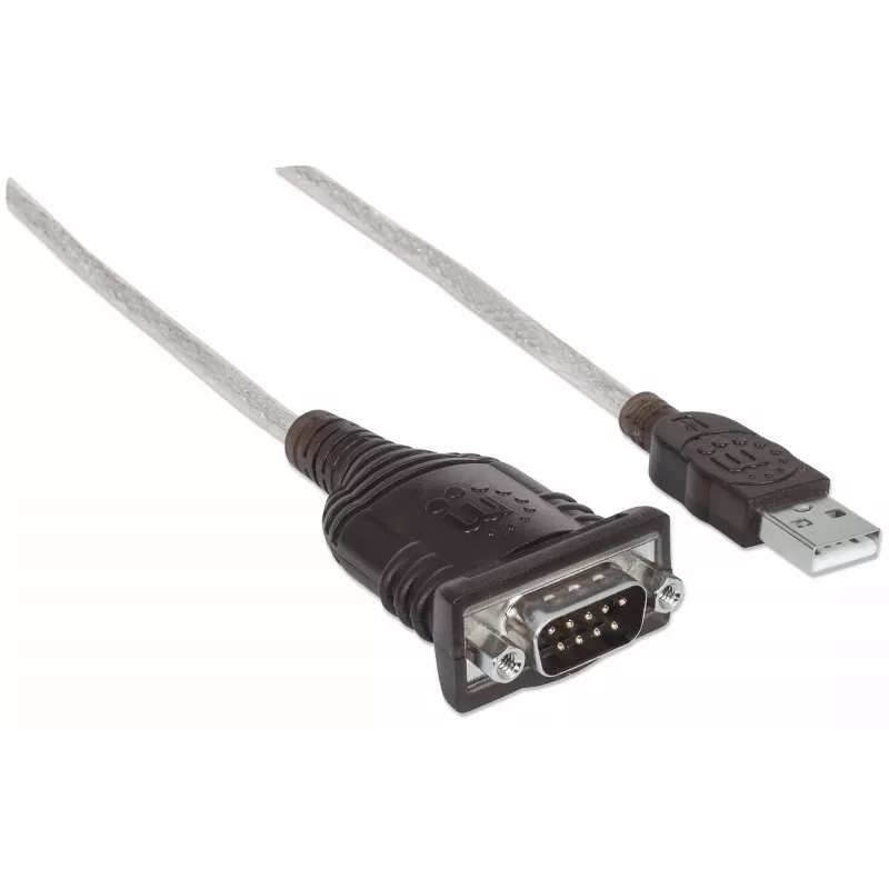 Manhattan USB-A į Serial keitiklio kabelis, 45 cm, Vyriškas į Vyrišką, Serial/RS232/COM/DB9, Prolific PL-2303HXD lustas, Juodas/Sidabrinis kabelis, Trejų metų garantija