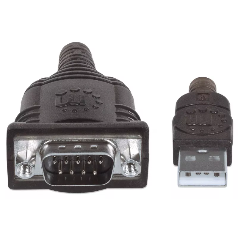Manhattan USB-A į Serial keitiklio kabelis, 45 cm, Vyriškas į Vyrišką, Serial/RS232/COM/DB9, Prolific PL-2303HXD lustas, Juodas/Sidabrinis kabelis, Trejų metų garantija