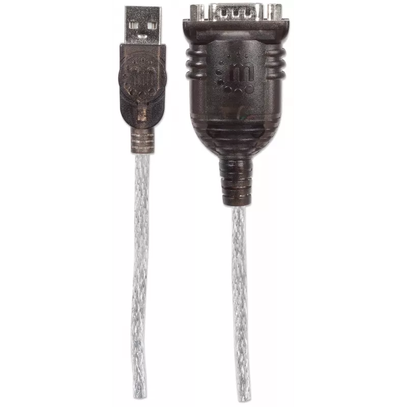 Manhattan USB-A į Serial keitiklio kabelis, 45 cm, Vyriškas į Vyrišką, Serial/RS232/COM/DB9, Prolific PL-2303HXD lustas, Juodas/Sidabrinis kabelis, Trejų metų garantija