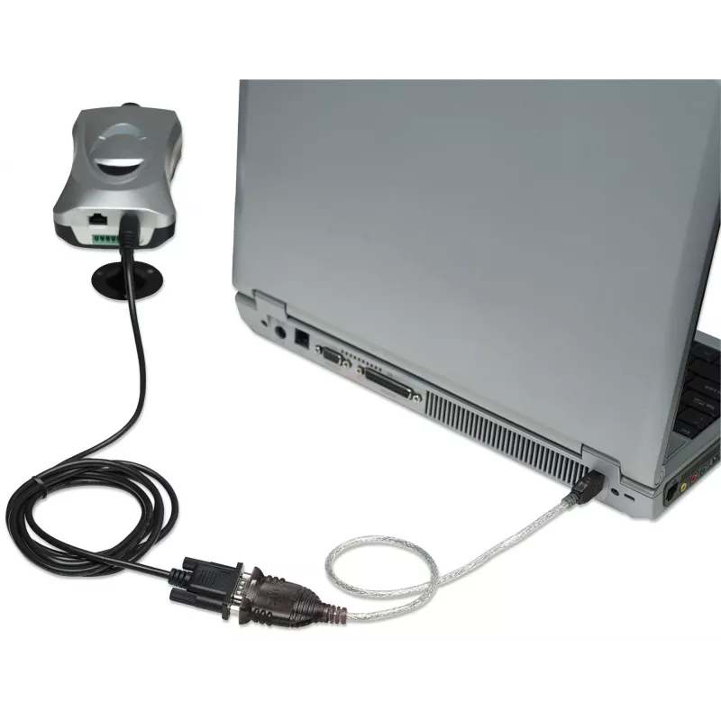 Manhattan USB-A į Serial keitiklio kabelis, 45 cm, Vyriškas į Vyrišką, Serial/RS232/COM/DB9, Prolific PL-2303HXD lustas, Juodas/Sidabrinis kabelis, Trejų metų garantija