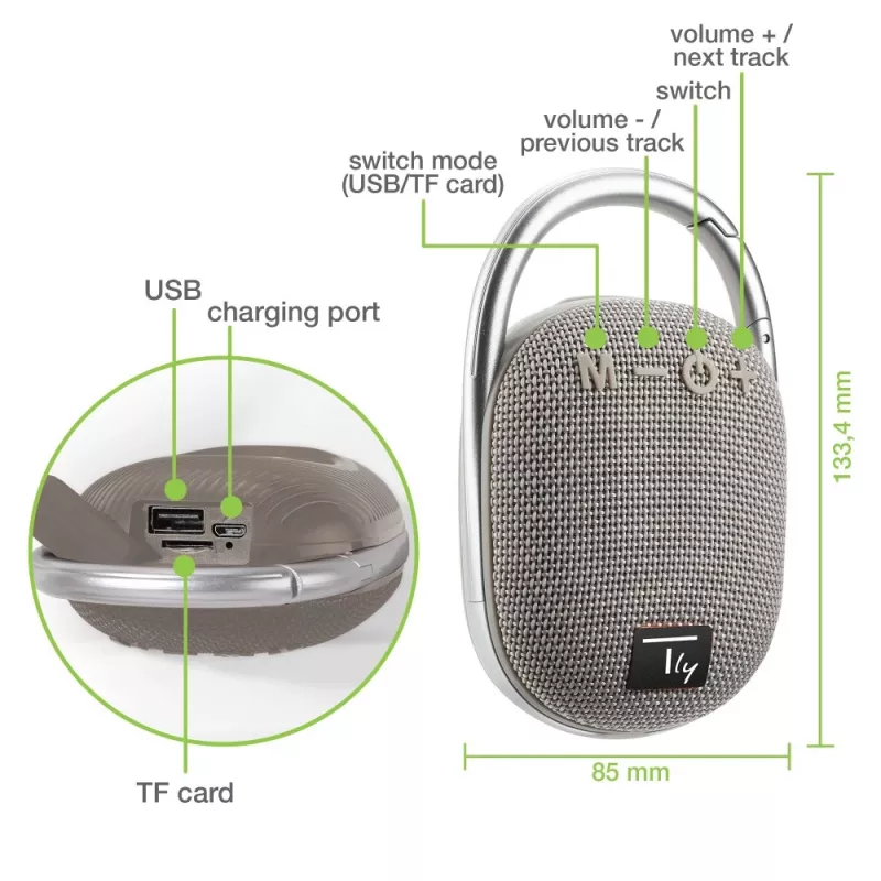 Techly ICASBL321GR nešiojamas vieno kanalo garsiakalbis, pilka, 5 W