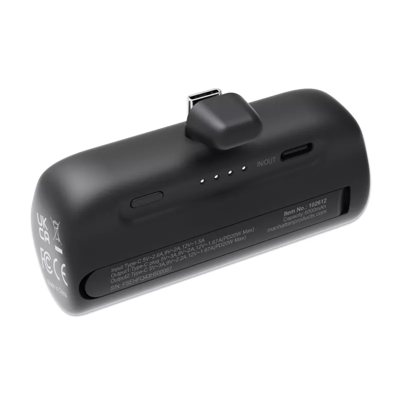 Manhattan Power Bank su integruotu USB-C kištuku, 5000 mAh, iki 20 W išvestis, atlenkiama kojelė naudojimui kaip telefono laikiklis, juoda, vienerių metų garantija