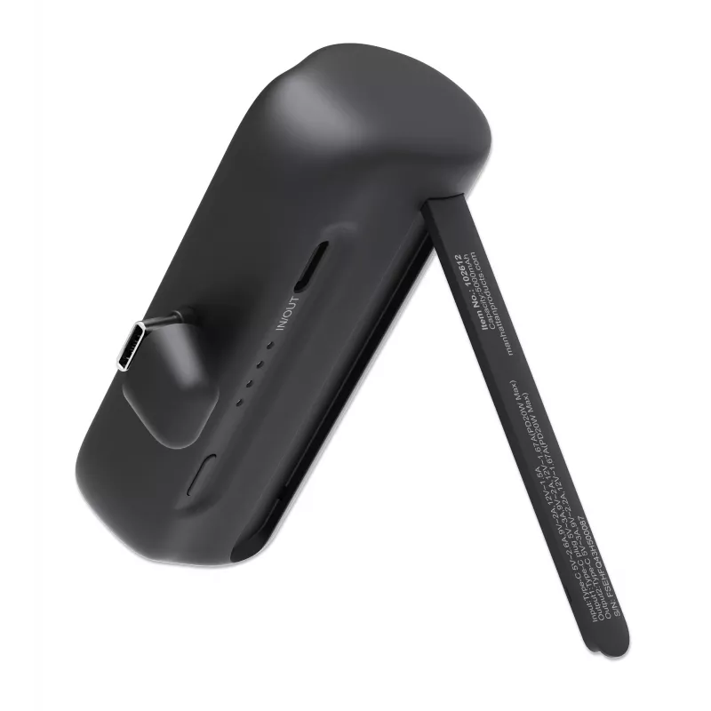 Manhattan Power Bank su integruotu USB-C kištuku, 5000 mAh, iki 20 W išvestis, atlenkiama kojelė naudojimui kaip telefono laikiklis, juoda, vienerių metų garantija