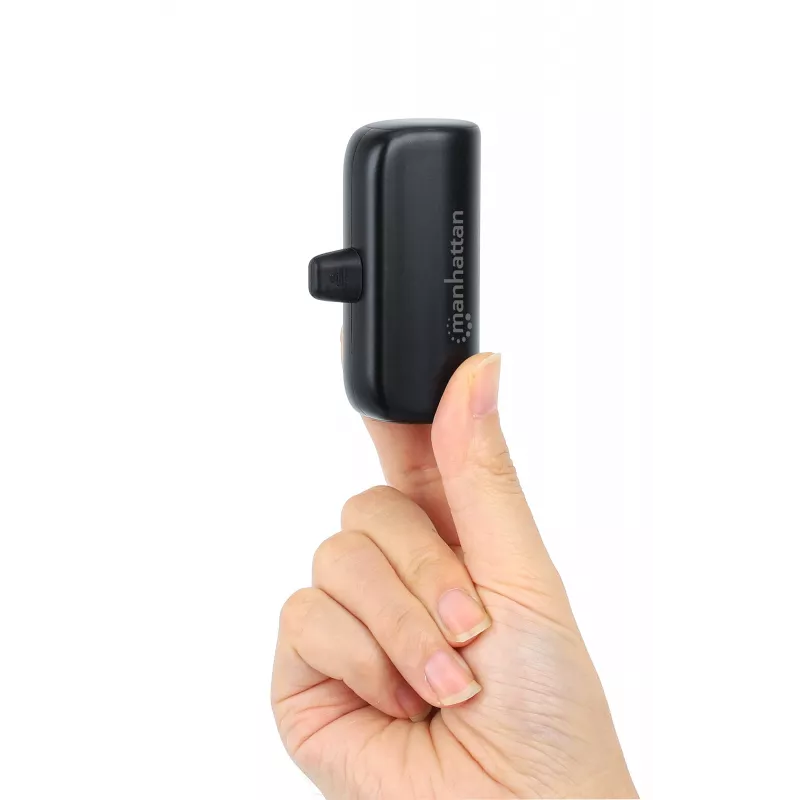 Manhattan Power Bank su integruotu USB-C kištuku, 5000 mAh, iki 20 W išvestis, atlenkiama kojelė naudojimui kaip telefono laikiklis, juoda, vienerių metų garantija