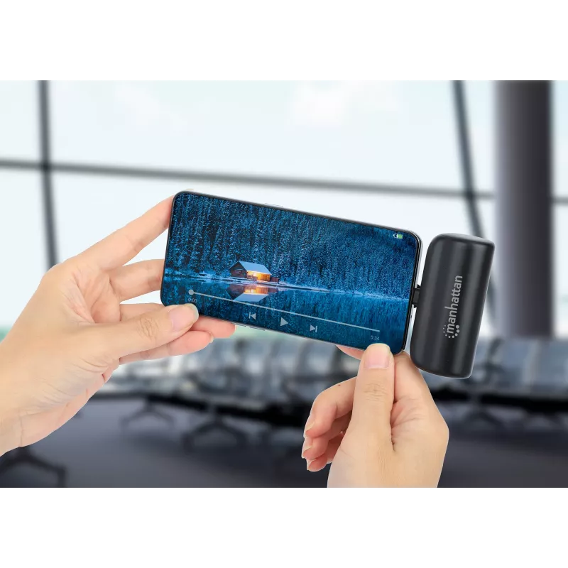 Manhattan Power Bank su integruotu USB-C kištuku, 5000 mAh, iki 20 W išvestis, atlenkiama kojelė naudojimui kaip telefono laikiklis, juoda, vienerių metų garantija