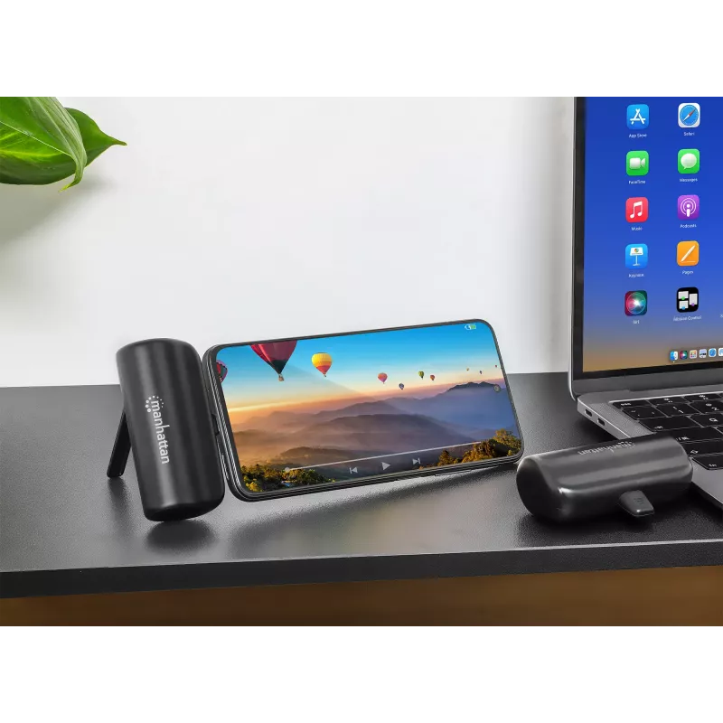 Manhattan Power Bank su integruotu USB-C kištuku, 5000 mAh, iki 20 W išvestis, atlenkiama kojelė naudojimui kaip telefono laikiklis, juoda, vienerių metų garantija