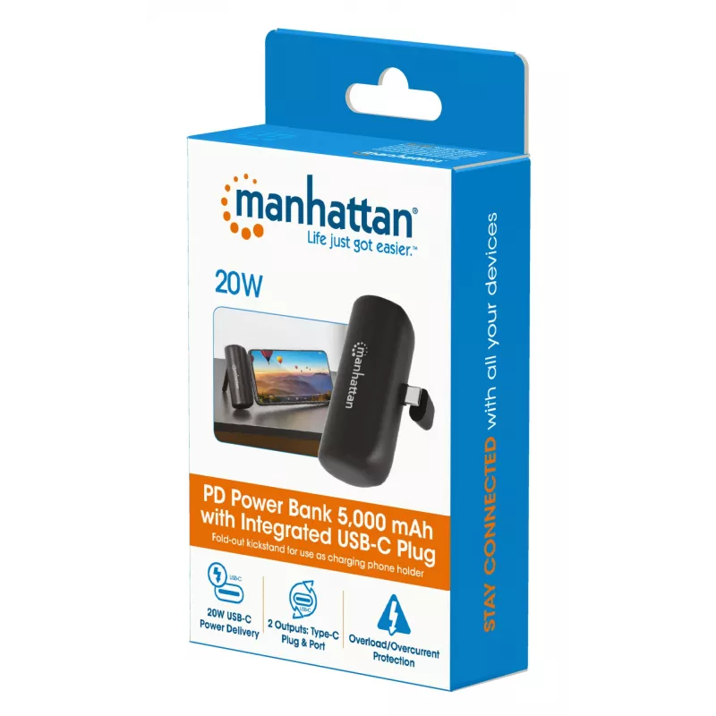 Manhattan Power Bank su integruotu USB-C kištuku, 5000 mAh, iki 20 W išvestis, atlenkiama kojelė naudojimui kaip telefono laikiklis, juoda, vienerių metų garantija