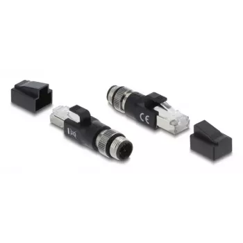 Adapteris M12 D-kodas 4 kontaktų (kištukas) į RJ45 kištuką, DELOCK 90831, auksuoti kontaktai, juoda