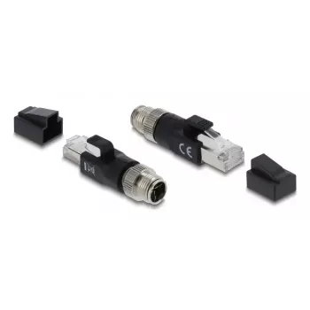 Adapteris DELOCK M12 X-coded 8 kontaktų vyriškas į RJ45 kištuką, auksuoti kontaktai, juodas