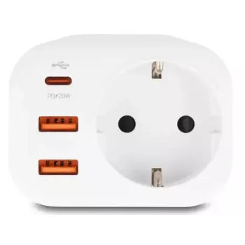 DeLOCK 11498 maitinimo adapteris su hibridiniu E/F kištuku, Type F lizdu ir USB įkrovimo prievadais, balta spalva