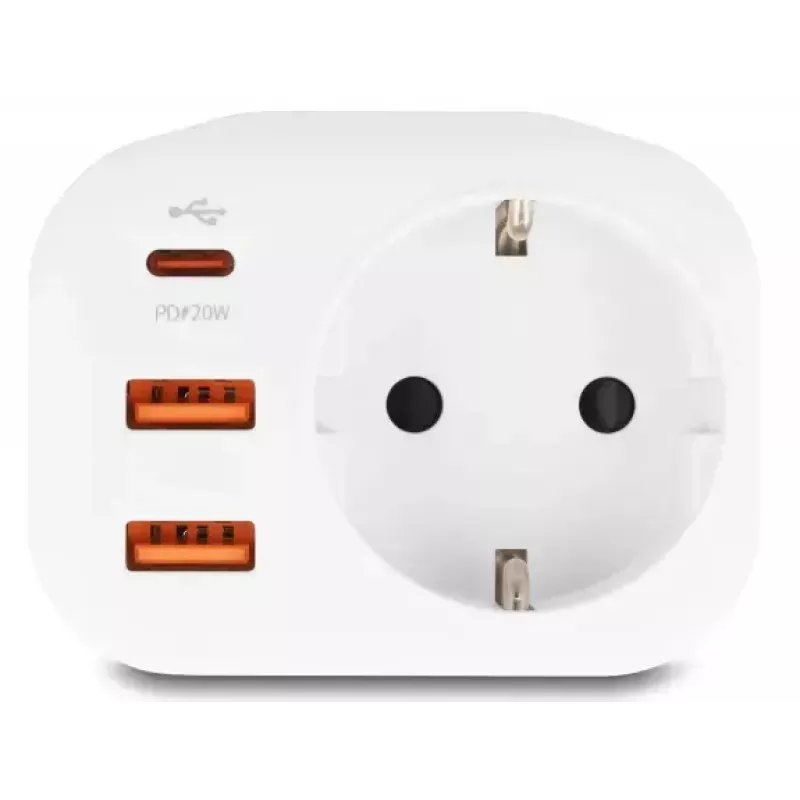 DeLOCK 11498 maitinimo adapteris su hibridiniu E/F kištuku, Type F lizdu ir USB įkrovimo prievadais, balta spalva