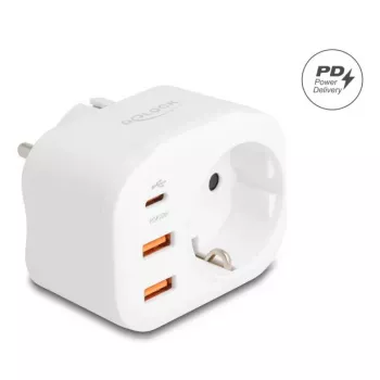 DeLOCK 11498 maitinimo adapteris su hibridiniu E/F kištuku, Type F lizdu ir USB įkrovimo prievadais, balta spalva