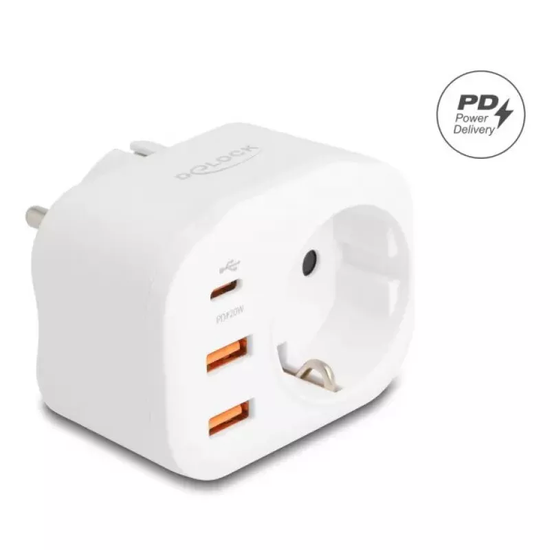 DeLOCK 11498 maitinimo adapteris su hibridiniu E/F kištuku, Type F lizdu ir USB įkrovimo prievadais, balta spalva
