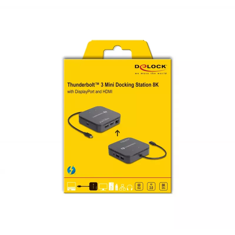 DeLOCK Thunderbolt 3 Mini Dock stotelė su 8K DisplayPort, HDMI, USB, LAN, garsu ir PD 3.0