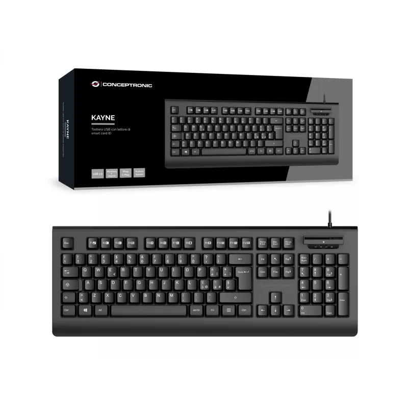CONCEPTRONIC USB klaviatūra su išmaniąja ID kortelių skaitytuvu KAYNE01IT — pilno dydžio 105 klavišų, itališkas išdėstymas, laidinė, 1,5 m laidas, juoda