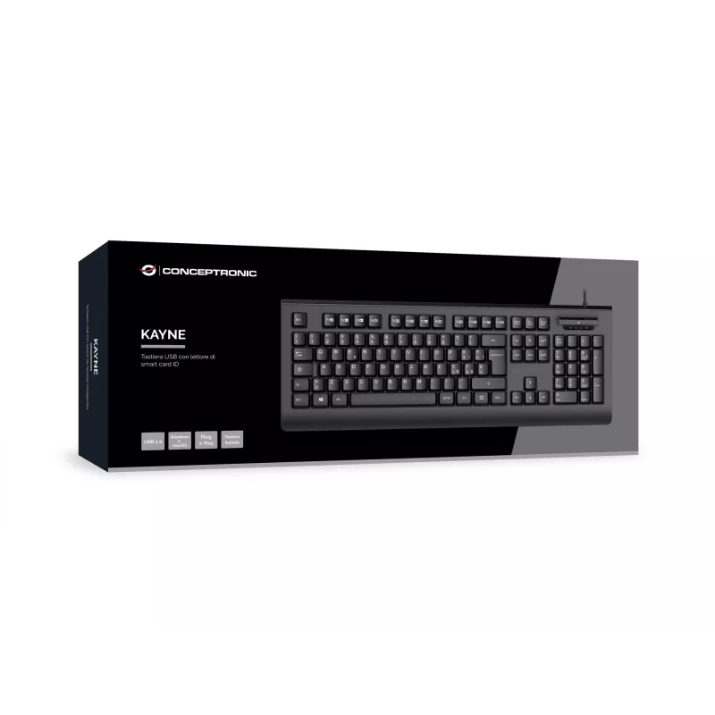 CONCEPTRONIC USB klaviatūra su išmaniąja ID kortelių skaitytuvu KAYNE01IT — pilno dydžio 105 klavišų, itališkas išdėstymas, laidinė, 1,5 m laidas, juoda