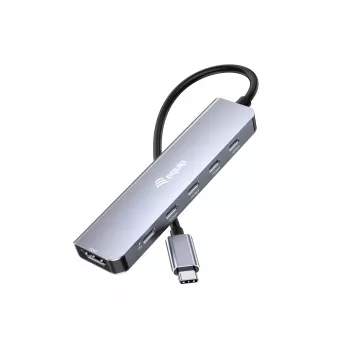 EQUIP USB-C 6 viename universalus adapteris – HDMI 4K/60Hz, 4× USB-C Gen2 (10Gbps), 100W PD, 0,25 m laidas, pilka