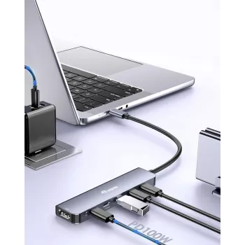EQUIP USB-C 6 viename universalus adapteris – HDMI 4K/60Hz, 4× USB-C Gen2 (10Gbps), 100W PD, 0,25 m laidas, pilka