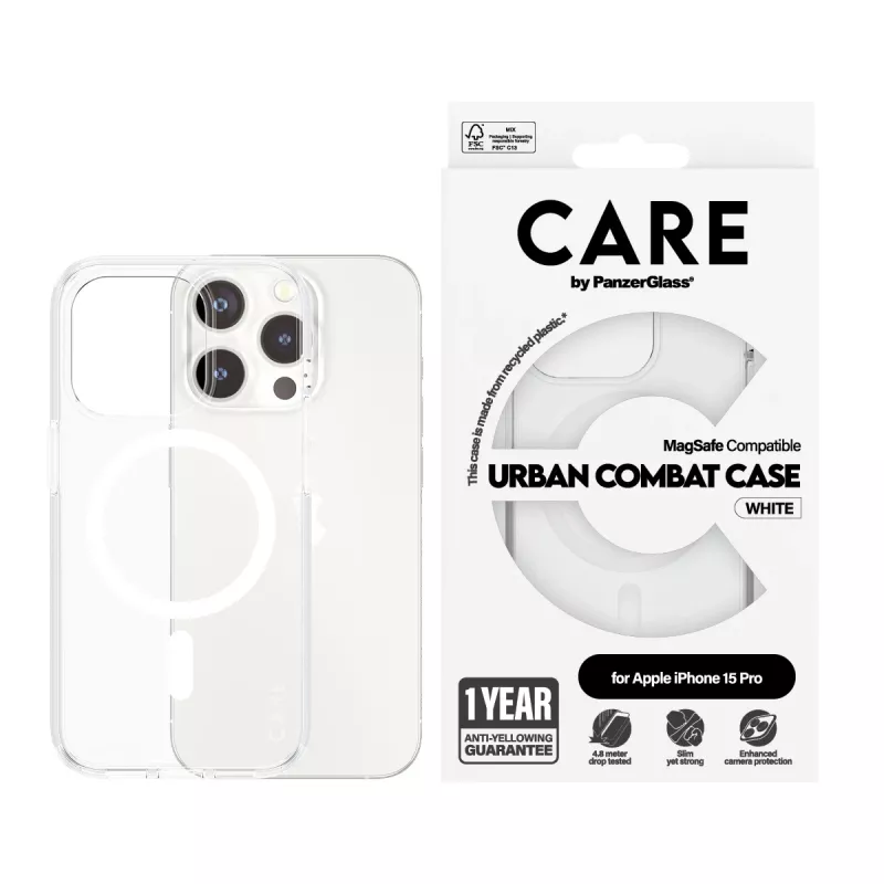 PanzerGlass CARE™ by ® Urban Combat Dėklas Skaidrus su Balta MagSafe iPhone 15 Pro