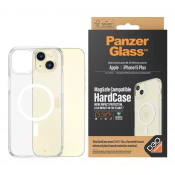 Apsauginis dėklas PanzerGlass HardCase MagSafe iPhone 15 Plus – permatomas, iš perdirbto plastiko, 6,69 colio ekranui