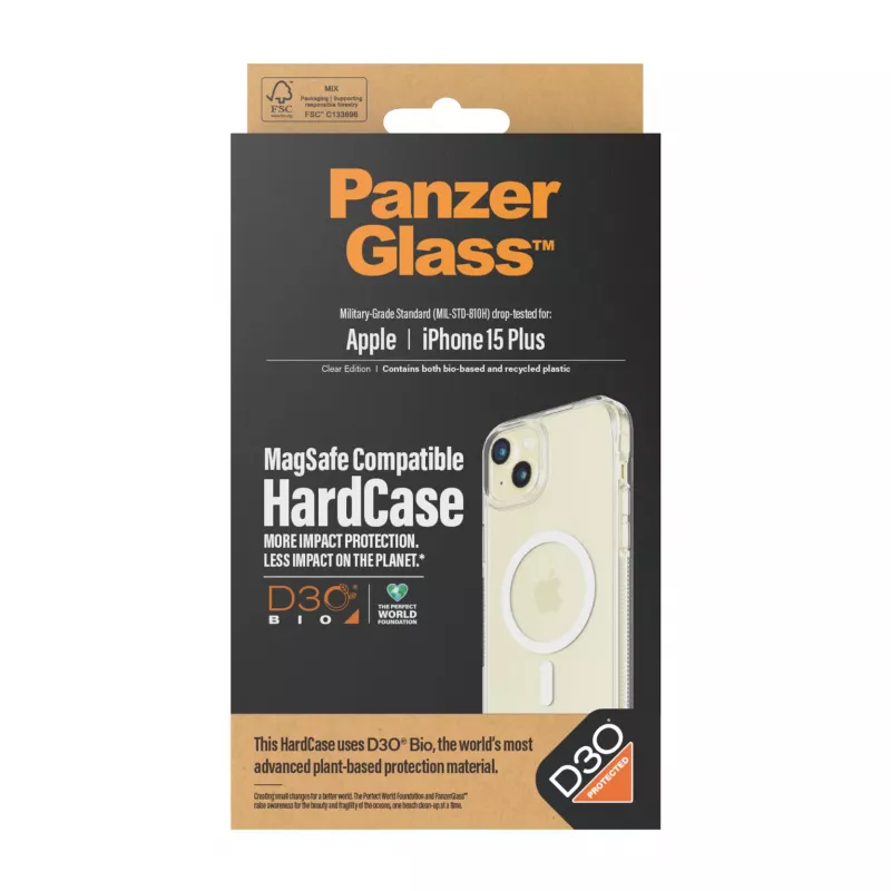 PanzerGlass 1182 HardCase MagSafe telefono dėklas iPhone 15 Plus / 14 Plus 6,7″ modeliams, D3O, 3x karinio lygio apsauga, skaidrus