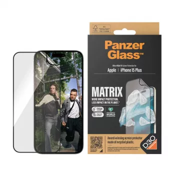 PanzerGlass ECO MATRIX apsauginis stiklas su D3O® iPhone 15 Plus | Ultra-Wide Fit su AlignerKit