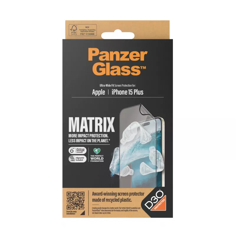 PanzerGlass ECO MATRIX apsauginis stiklas su D3O® iPhone 15 Plus | Ultra-Wide Fit su AlignerKit