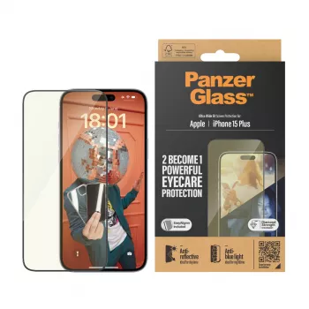 Apsauginis stiklas PanzerGlass Eyecare, skirtas iPhone 15 Plus — itin platus, atsparus smūgiams, sausas klijavimas