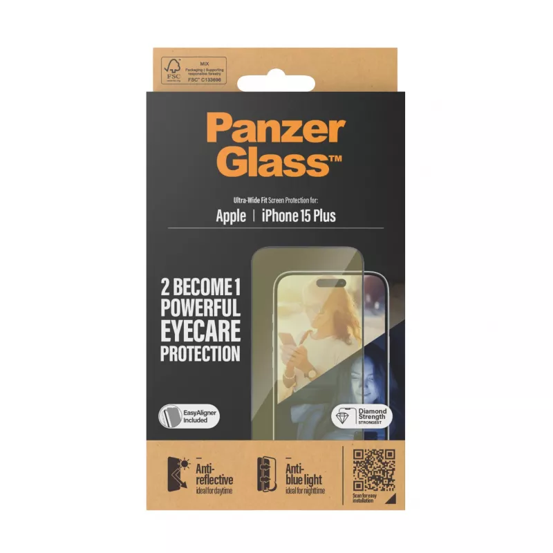 Apsauginis stiklas PanzerGlass Eyecare, skirtas iPhone 15 Plus — itin platus, atsparus smūgiams, sausas klijavimas