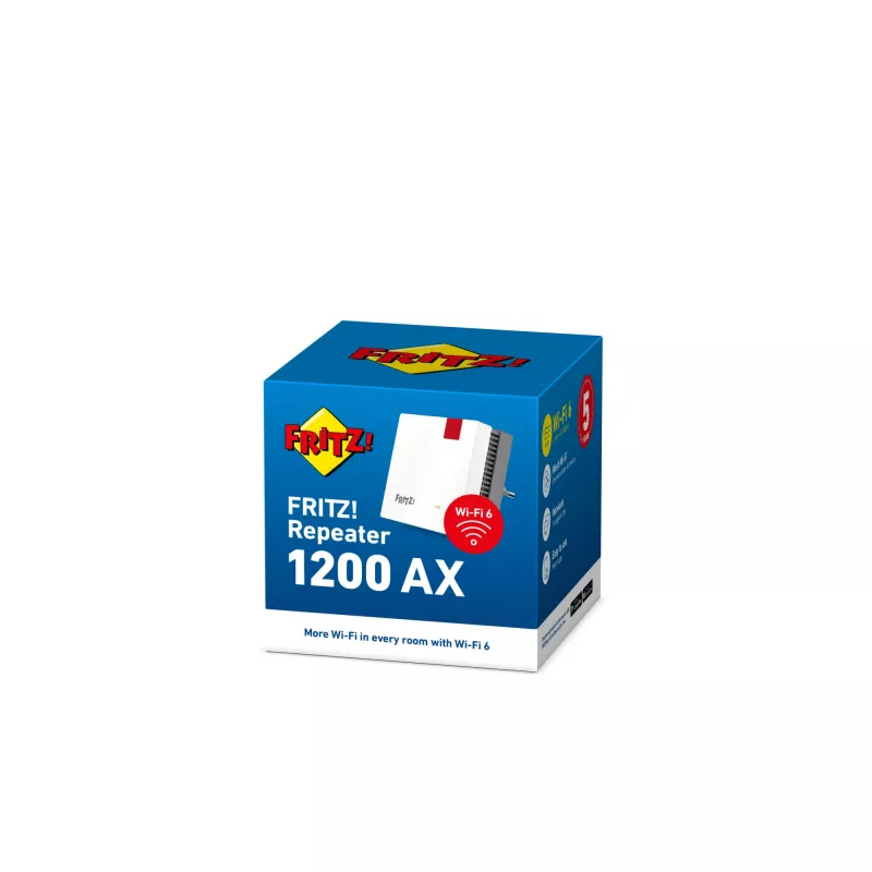 FRITZ!Repeater 1200 AX – belaidis tinklo kartotuvas, Wi-Fi 6, 2400 Mbit/s, Gigabit LAN, baltas